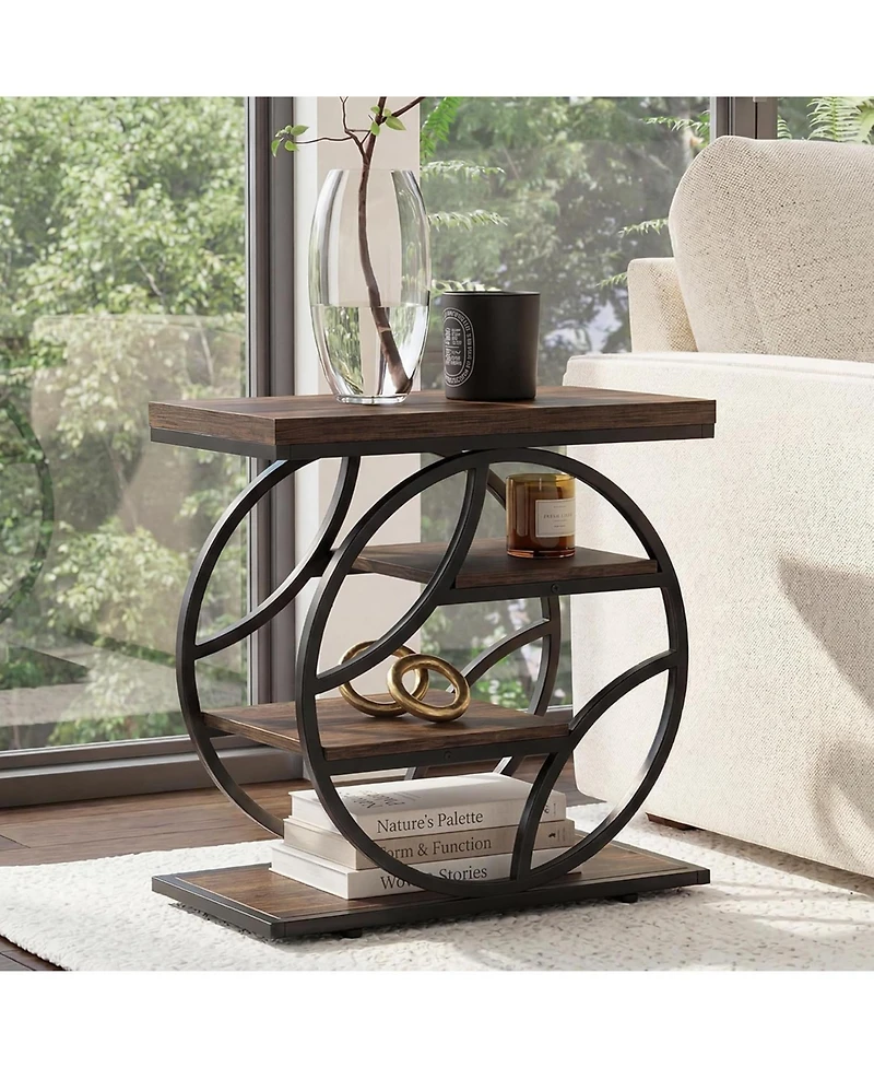 Tribesigns Side Table with 4-Tier Storage Shelf Set of 2, 25-Inch Living Room Narrow End Table, Small Industrial Nightstand with Geometric Metal Frame