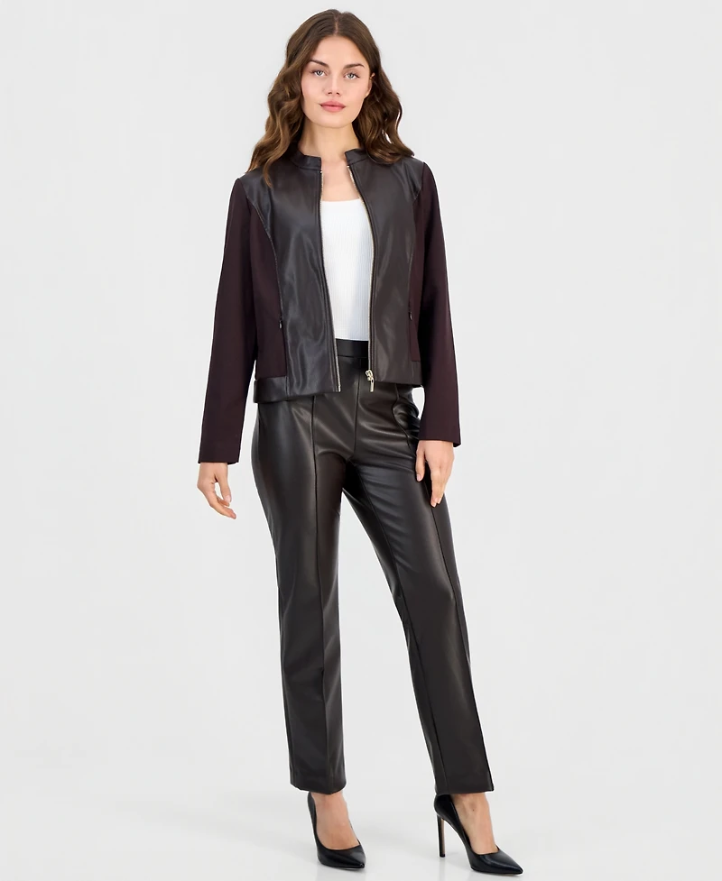 Anne Klein Essentials Petite Mod Moto Zipper-Front Mandarin Collar Jacket