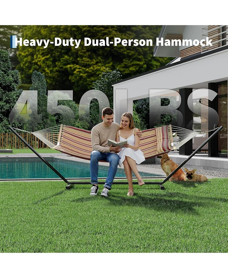gaomon 2 Person Outdoor Hammock with Stand, Heavy Duty Portable Double Hammock with Balance Rope, Max 450 Lbs Capacity for Patio, Backyard