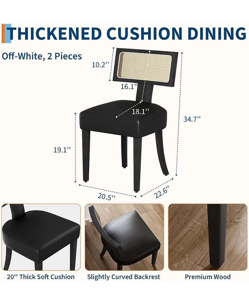gaomon Set of 2, Mid Century Modern Upholstered Chairs with Rattan Wood Back, Armless Kitchen Chairs with Black Wood Legs for Dining Room
