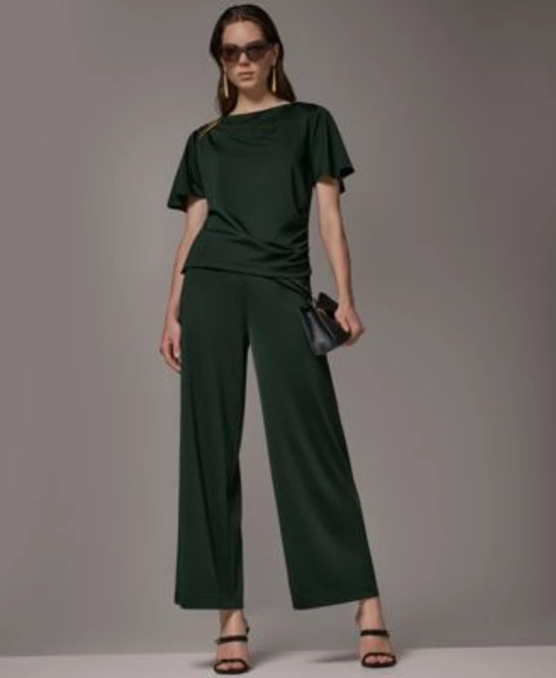 Donna Karan New York Womens Ruched Side Short Sleeve Top Wide Leg Pull On Pants