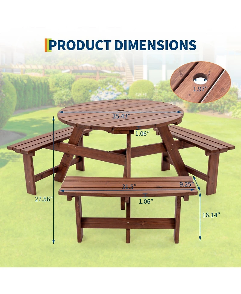 homfan 6 Person Wooden Outdoor Picnic Table with 3 Built-in Benches, Circular Dining and Chairs Set Umbrella Hole for Garden