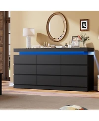 gaomon 9-Drawer Dresser - 63" Wide Chest with Led Light and Charging Station, Multi-Function Organizer for Living Room and Hallway
