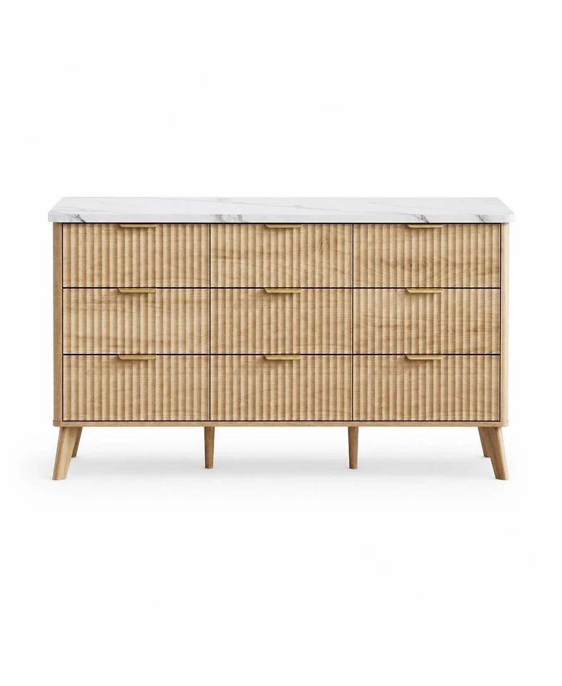 gaomon 60.6" Fluted 9-Drawer Dresser with Faux Marble Top, Modern Curved Chest, Warm Wood Finish