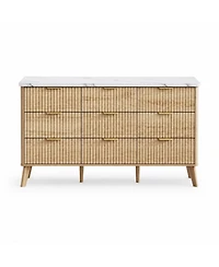 gaomon 60.6" Fluted 9-Drawer Dresser with Faux Marble Top, Modern Curved Chest, Warm Wood Finish