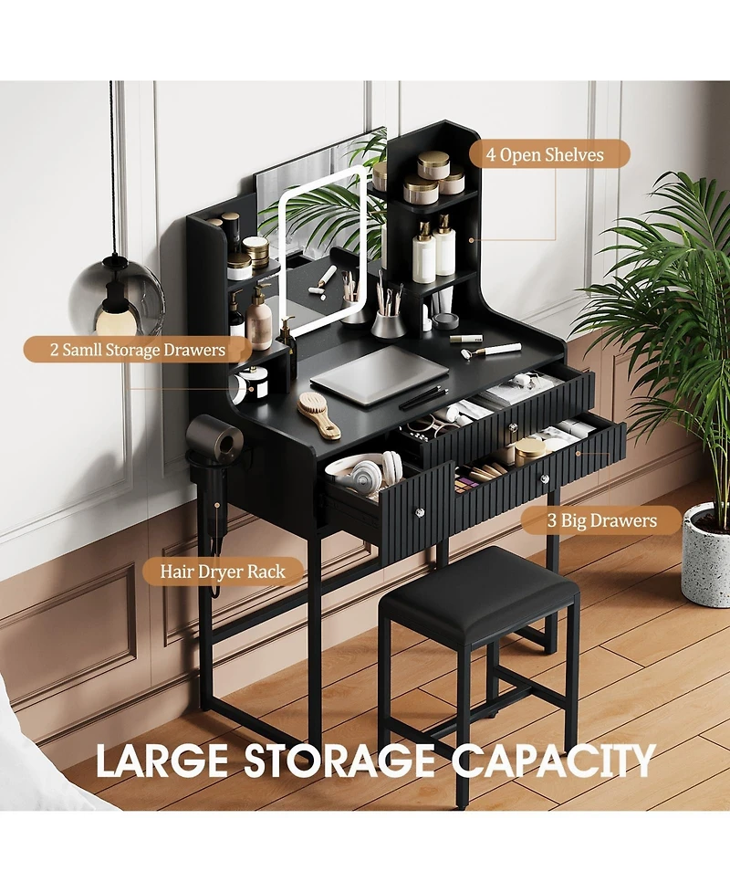 gaomon Wood Makeup Vanity Table with Lighted Mirror and Stool Set, Small Dressing Desk 3 Drawers 4 Storage Shelves, Modern Bedroom Set