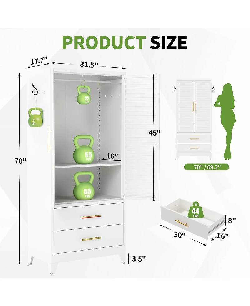 Streamdale Furniture 71 Inch Metal Wardrobe Closet with 2 Doors and Drawers