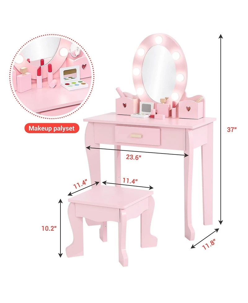 homfan Lighted Mirror Kids Vanity Table and Chair Set - Wooden Princess Makeup Dressing with Stool Pretend Play Storage Drawer