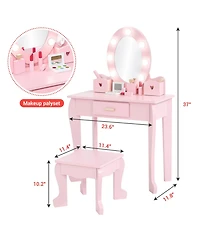 homfan Lighted Mirror Kids Vanity Table and Chair Set - Wooden Princess Makeup Dressing with Stool Pretend Play Storage Drawer