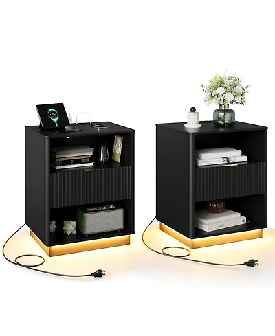 gaomon Fluted Nightstand Set of 2, Wooden Night Stand with Charging Station and Led Light