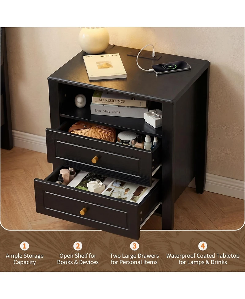 gaomon Modern 2-Drawer Nightstand with Charging Station and Open Shelf-a Compact for the Bedroom or Living Room