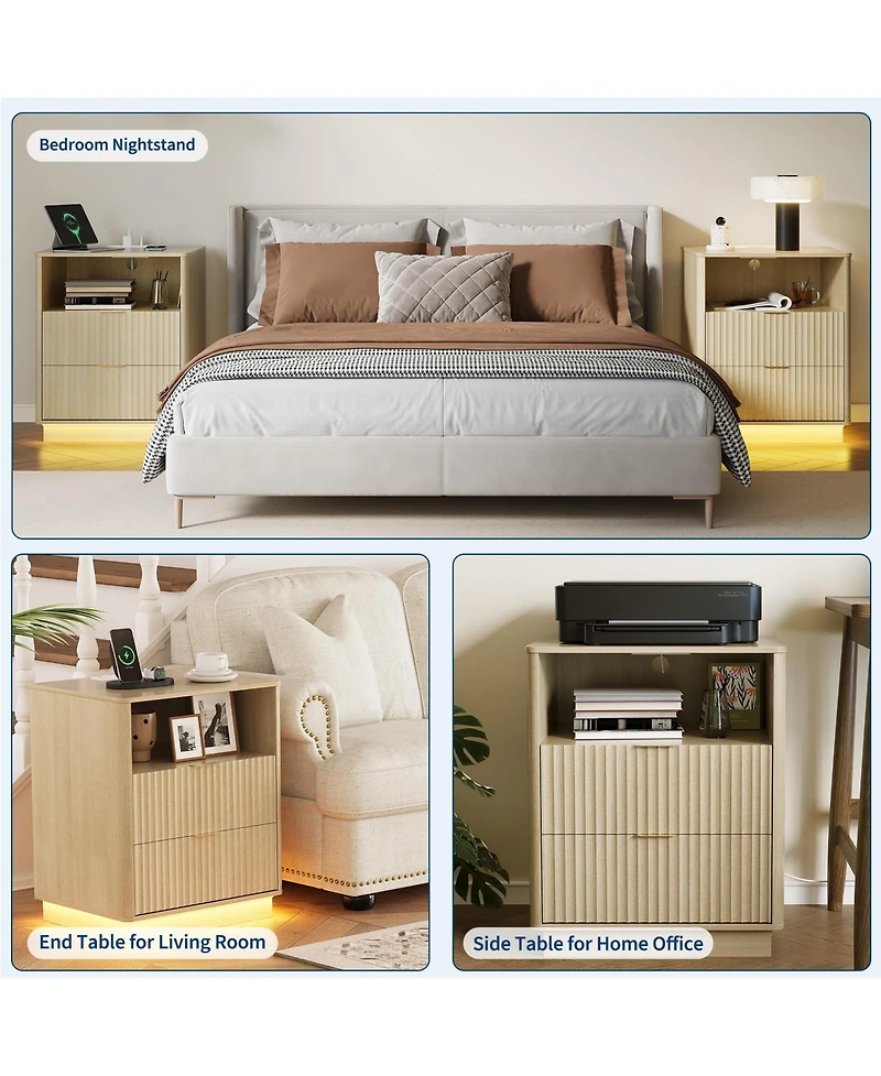 gaomon Fluted Nightstand with Charging Station, Wooden Night Stand with Led Light, Modern Mid Century Bedside End Table with 2 Drawers