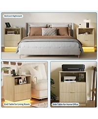 gaomon Fluted Nightstand with Charging Station, Wooden Night Stand with Led Light, Modern Mid Century Bedside End Table with 2 Drawers