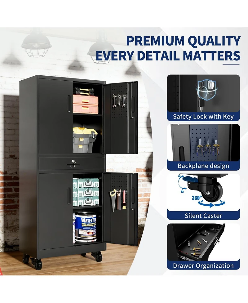 Streamdale Furniture 71" Metal Storage Cabinet with Drawer, Locking Doors, Shelves and Pegboard