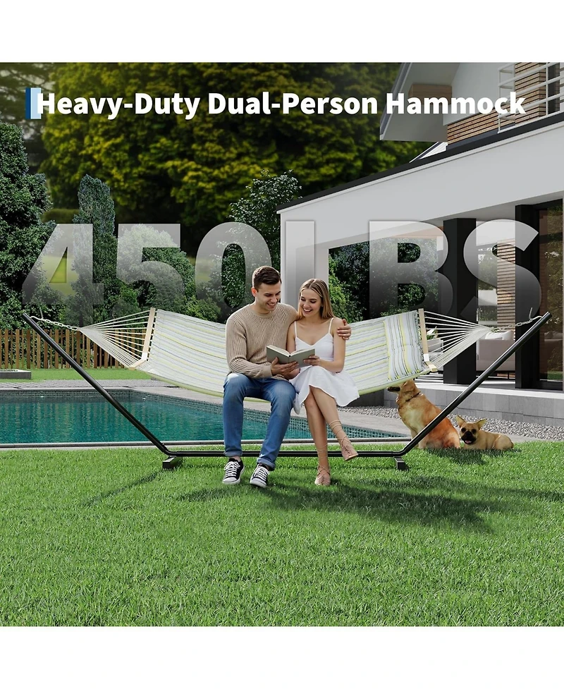 gaomon 2 Person Outdoor Hammock with Stand, Heavy Duty Portable Double Hammock with Balance Rope, Max 450 Lbs Capacity for Patio, Backyard