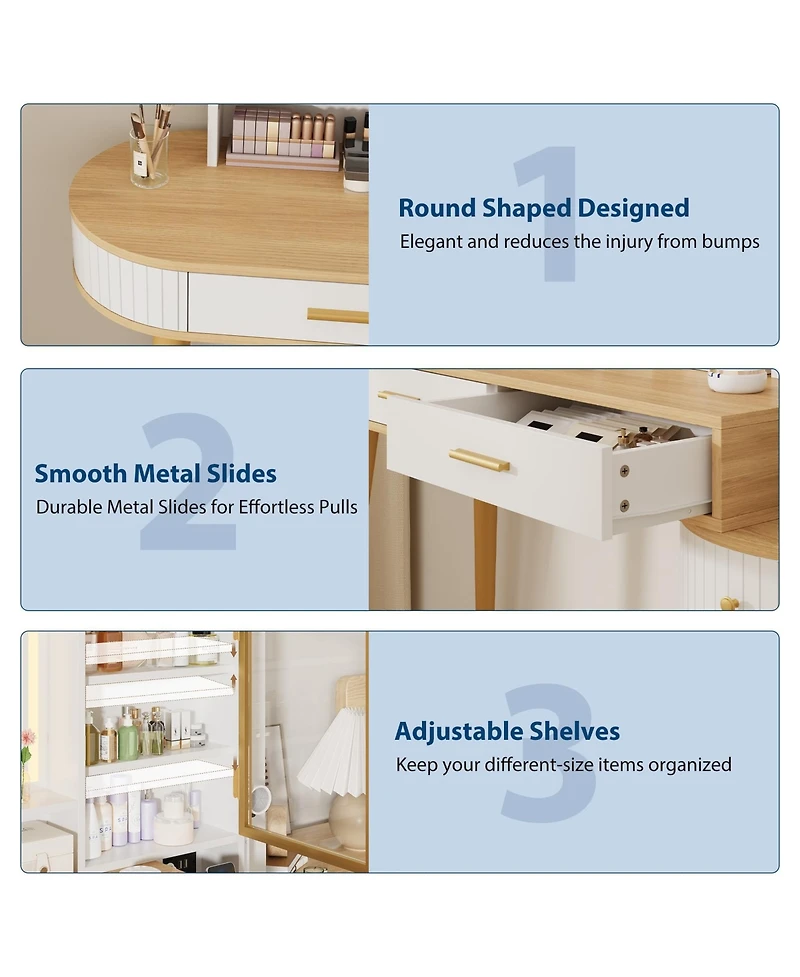 gaomon Vanity Desk with Light Mirror, 47.2 Inch Vanity Table with Stool and Charging Station, Makeup Table with Drawer and Cabinet for Bedroom