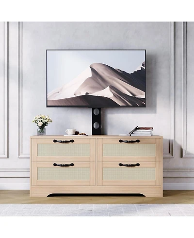 gaomon 4-Drawer Tv Stands for Living Room, Entertainment Center, 4-Drawer Wicker-Style Mdf Tv Stand with Stand, Living Room Furniture
