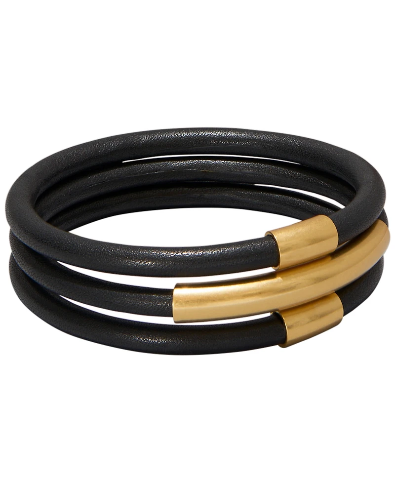 Donna Karan New York 3-Piece Black Leather Gold-Tone Bangle Set