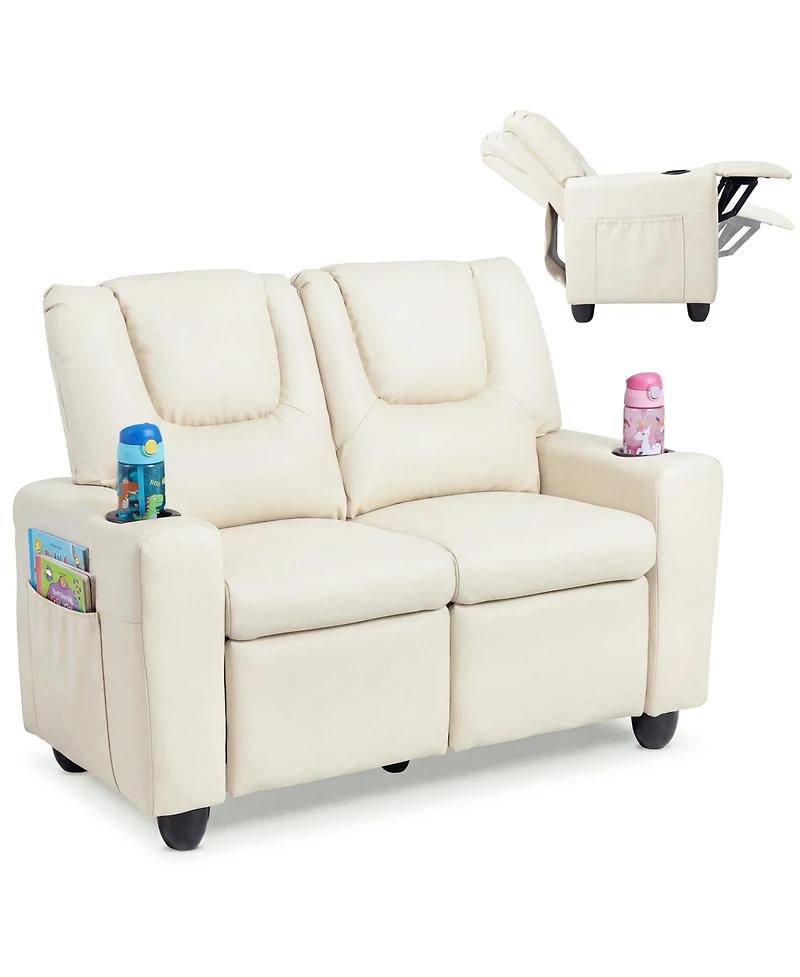 Costway 2-Seater Kids Recliner with Cup Holders Side Storage Pockets Adjustable Backrest