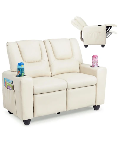 Costway 2-Seater Kids Recliner with Cup Holders Side Storage Pockets Adjustable Backrest
