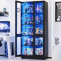 5-Tier Tall Display Cabinet with Glass Doors, 80" Bookcase Led Light