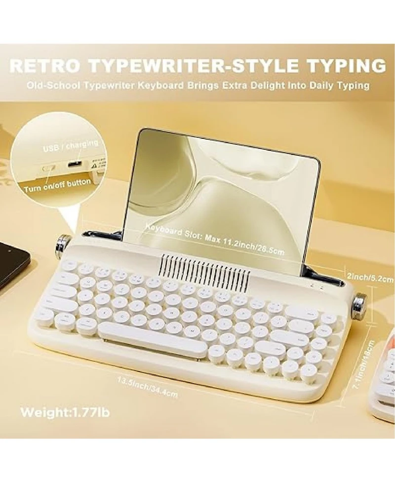 Lamicall Retro Round Keycap Tri-Mode Typewriter Style Keyboard