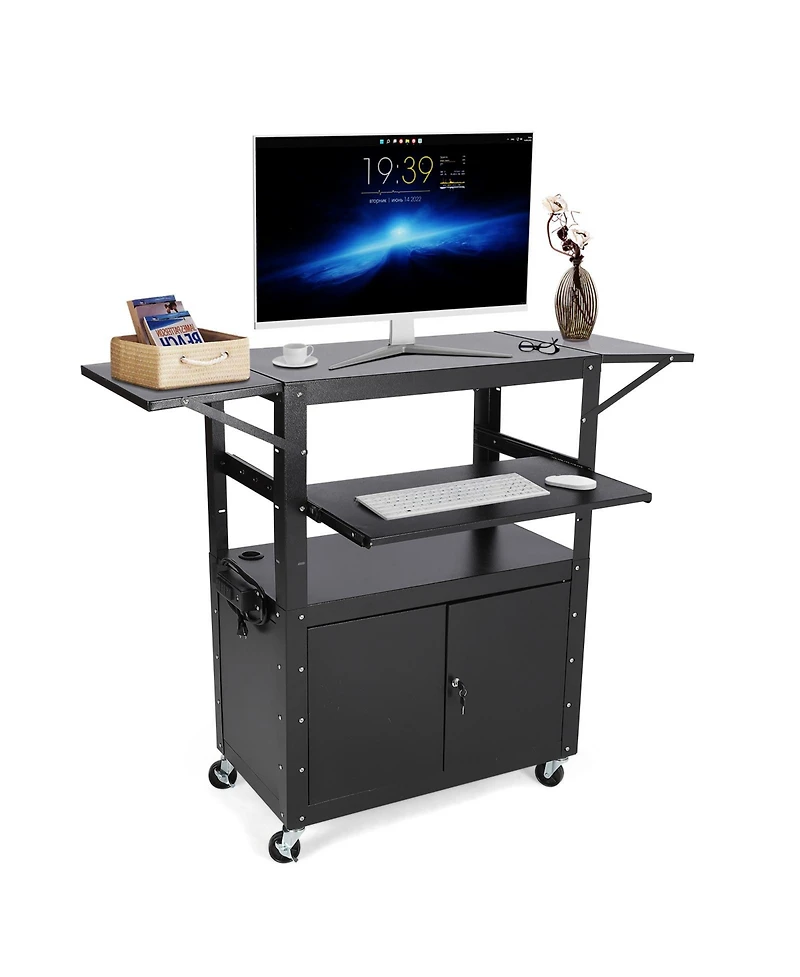 homfan Adjustable Rolling Av Cart with Locking Cabinet,Multipurpose Steel Construction,Pullout Keyboard Tray,Power Strip,Extra Storage Space