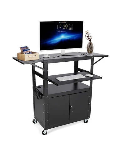 homfan Adjustable Rolling Av Cart with Locking Cabinet,Multipurpose Steel Construction,Pullout Keyboard Tray,Power Strip,Extra Storage Space