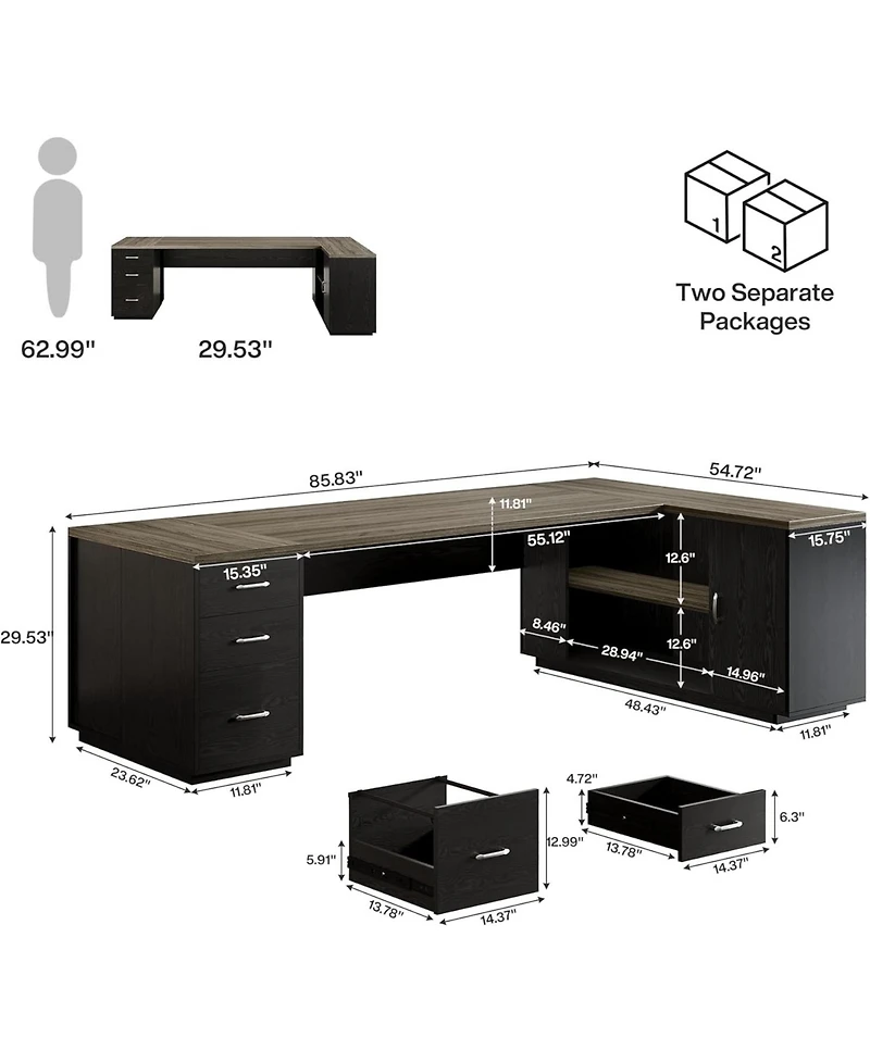 Tribesigns 85.8" L-Shaped Executive Office Desk with File Drawers and Cabinet,Large Modern Commercial Business Desk