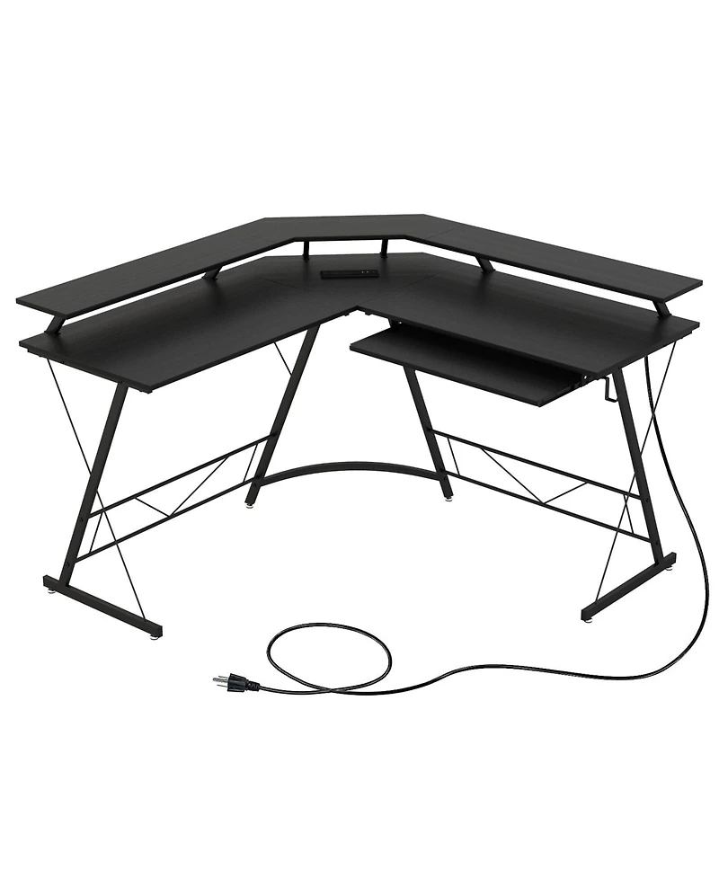 Gouun L-shaped Computer Desk with Power Outlet and Monitor Stand