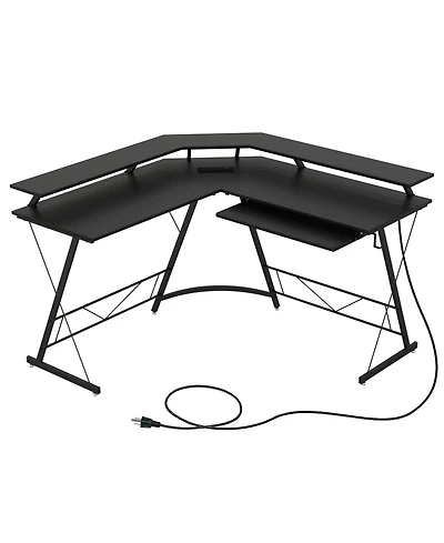 Gouun L-shaped Computer Desk with Power Outlet and Monitor Stand