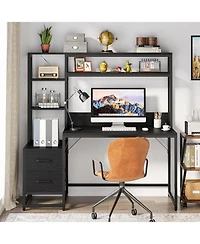 Tribesigns 55" Computer Desk with 2 Drawers: Rustic office desk with hutch and shelves. Workstation for home office