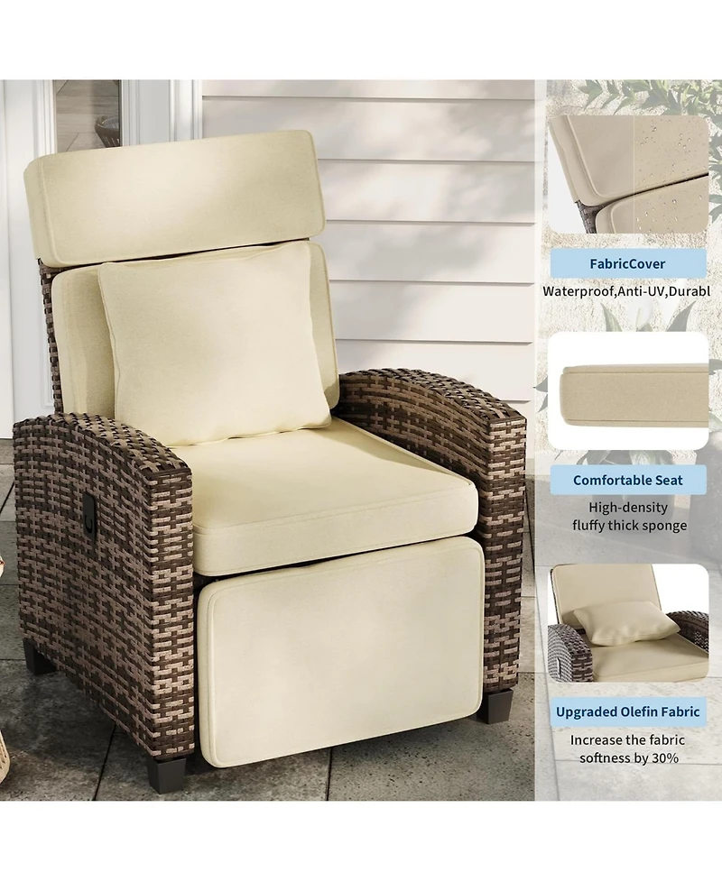 GarveeLife Outdoor Wicker Recliner Chair with 145degree(s) Adjustable Backrest and Footrest, Flip-Up Side Table, Removable Cushion