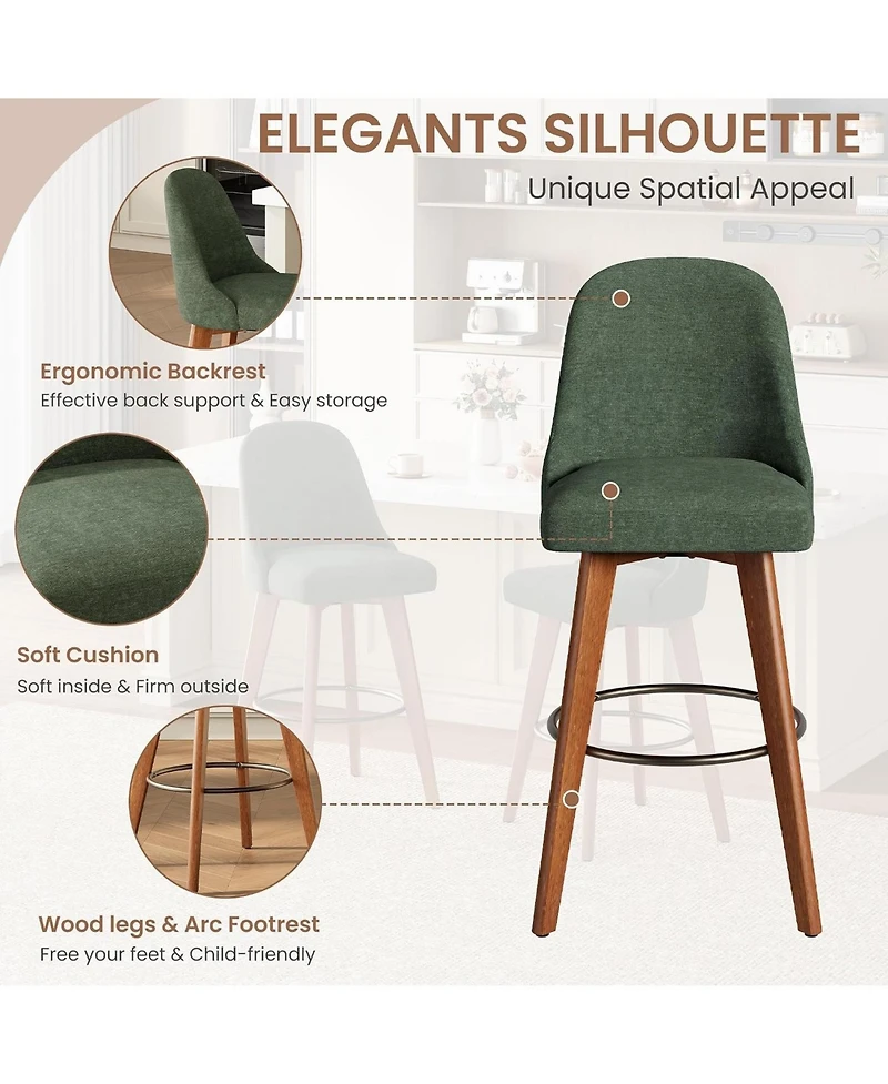 gaomon Set of 4 Green 26" Swivel Counter Height Bar Stools, Linen Upholstered with Wood Legs
