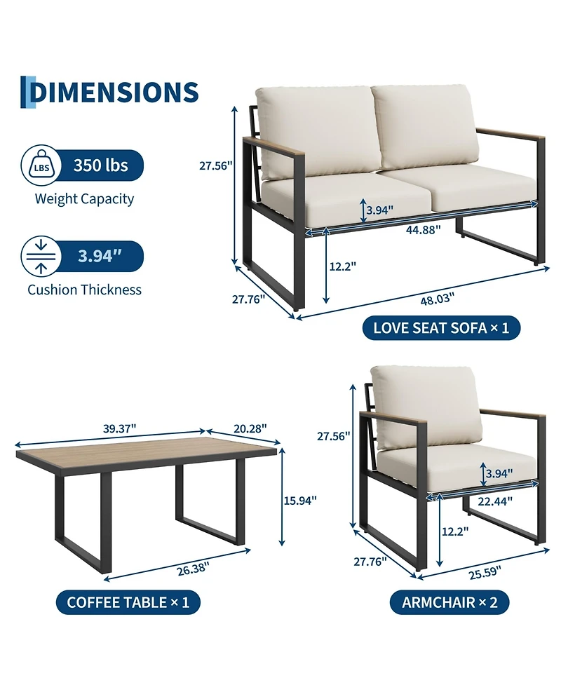 GarveeLife 4 Piece Outdoor Patio Conversation Sofa Set, Metal Frame with Coffee Table and Washable Cushions for Garden or Deck