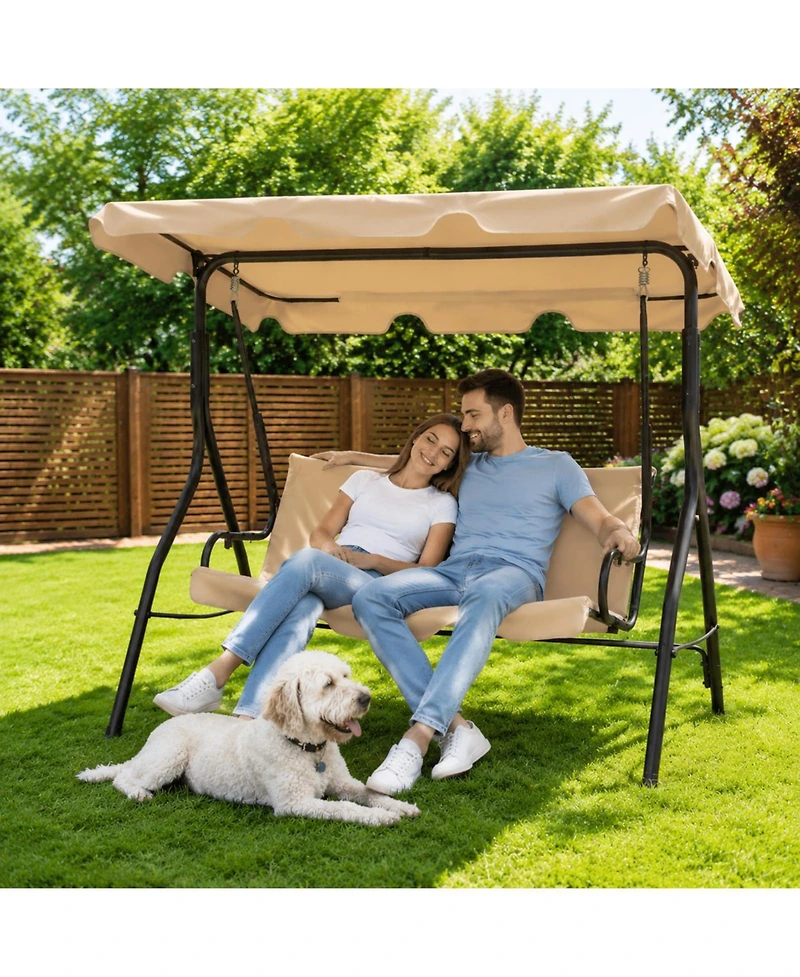 GarveeLife 3 Seat Outdoor Porch Swing with Adjustable Canopy, Patio Chair Stand, Metal Frame, Thick Cushions, 500 lb Capacity
