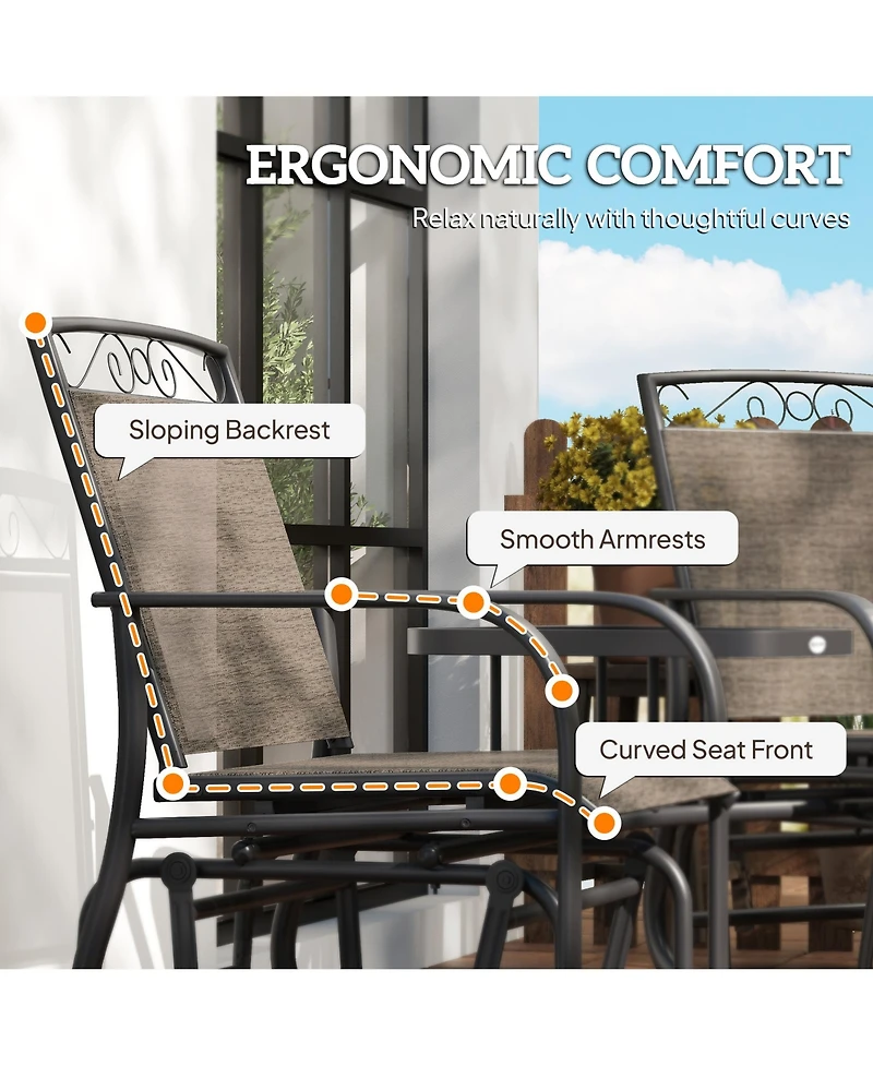 Outsunny Outdoor Glider Chairs with Coffee Table, Patio 2-Seat Rocking Chair Swing with Breathable Sling for Backyard, Garden and Porch, Brown