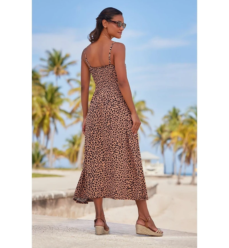 Lascana Women's Viscose Animal Print Smocked Square-Neck Midi Dress