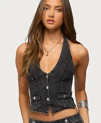 Edikted Women's Sashe Button Up Denim Halter Top