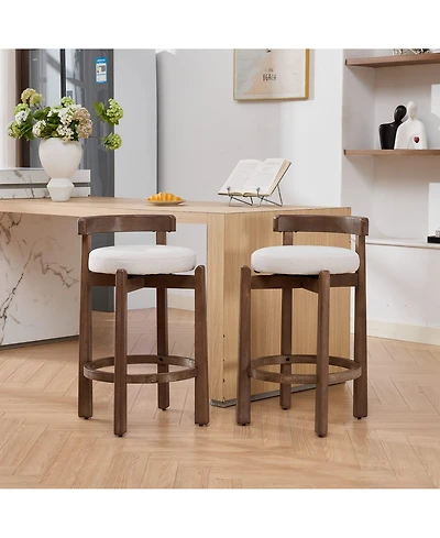 Maison Boucle Swivel Counter Height Bar Stools Set of 2, Linen Upholstered, Mid-Century Modern Stool with Back, Footrest, 26" Seat