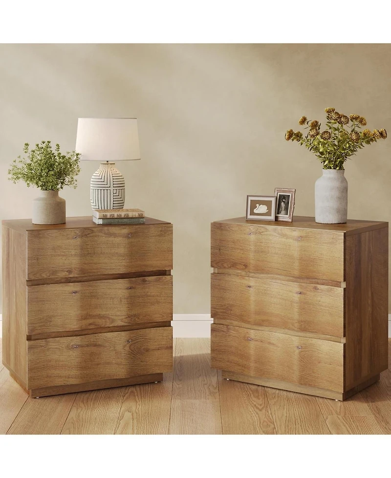 Tribesigns Farmhouse Nightstand with 3 Drawers Set of 2, Fluted Bedside Table, Rustic Wood Storage End Table