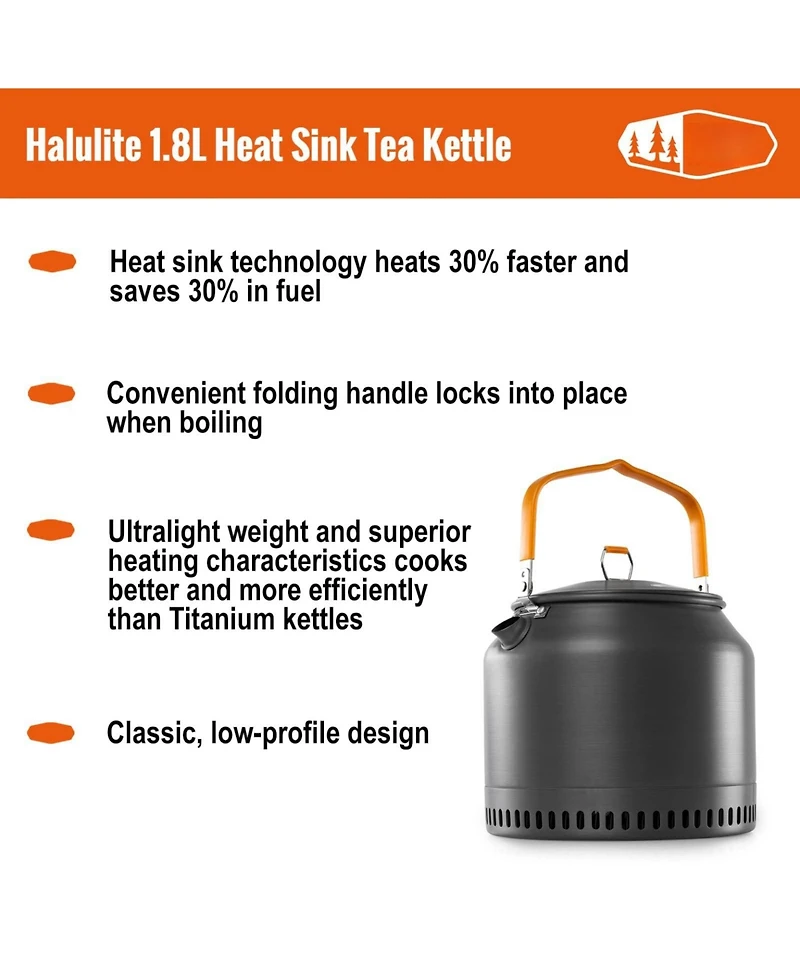 Ultralight 1.8L Camp Tea Kettle Heat Sink Technology Fast Heating Durable Foldable Handle