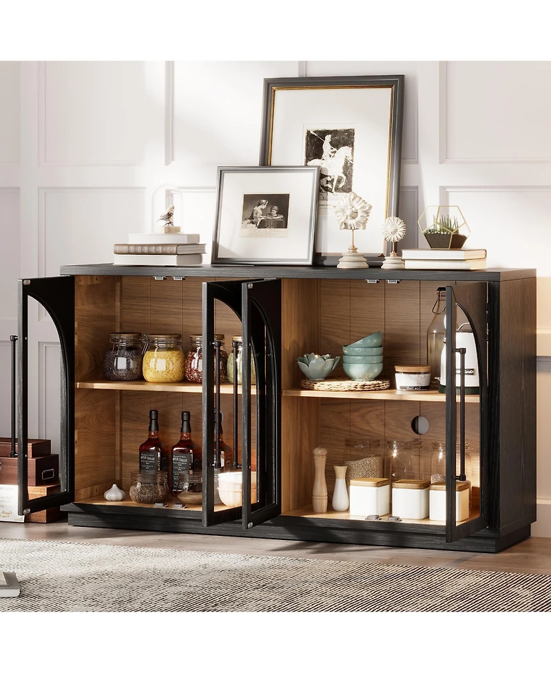 sumyeg 4-Door Large Storage Cabinet with Glass Doors, Arched Cabinet with Adjustable Shelves