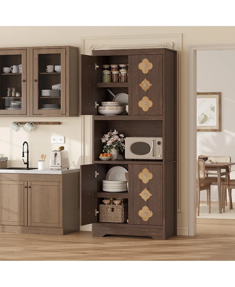 homfan Pantry Cabinet with Carved Door, 72" Tall Kitchen Hutch Storage Countertop for Microwave,Freestanding Wooden Cupboard