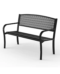 GarveeLife 50" Outdoor Metal Garden Bench, Patio Steel Bench with Curved Backrest, Decorative Pattern, Weather-Resistant Porch for Yard, Park