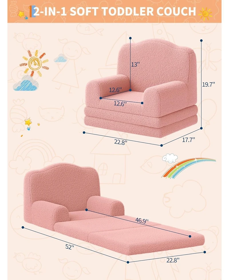 gaomon Kids Couch, 2-in-1 Comfy Toddler Couch Fold Out, Convertible Sofa to Lounger Foam Kids Chair with Soft Sherpa