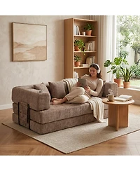 gaomon 79 Inch Corduroy Floor Sofa with 4 Pillows and 2 Cup Holders, Armless Deep Seat Design, Perfect for Living Rooms, Apartments and Small Spaces