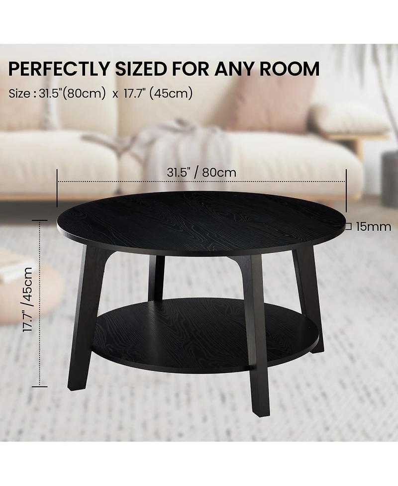 gaomon Round Coffee Table with Storage, 2-Tier Modern Circle Coffee Table for Living Room, Wooden Accent Table with Curved Legs, 31.5"X17.7"