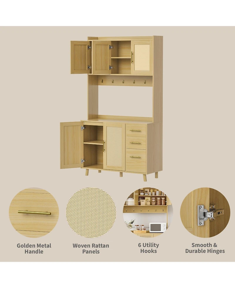 homfan 71-Inch Rattan Pantry Cabinet with Microwave Stand, 3 Drawers, Doors and Hooks, Boho Storage Hutch for Kitchen, Dining Room and Living Room