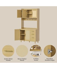 homfan 71-Inch Rattan Pantry Cabinet with Microwave Stand, 3 Drawers, Doors and Hooks, Boho Storage Hutch for Kitchen, Dining Room and Living Room
